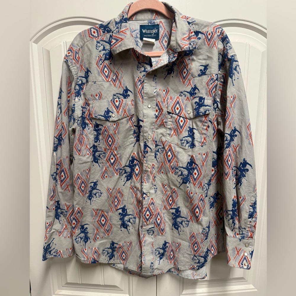 Wrangler Aztec Modern West Santa Fe Style Pearl snap Long Sleeve Size Large